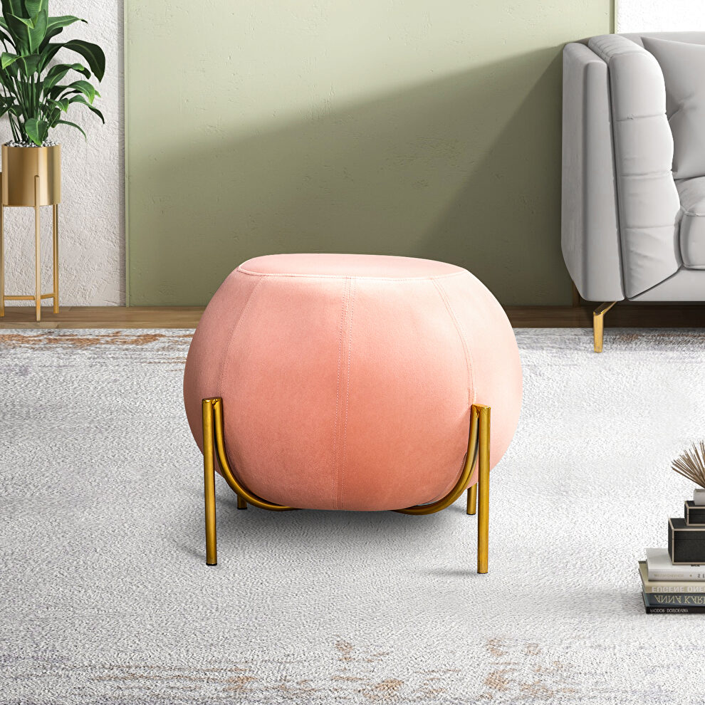 Pink velvet drum-shaped wide ottoman with gold metal legs by La Spezia