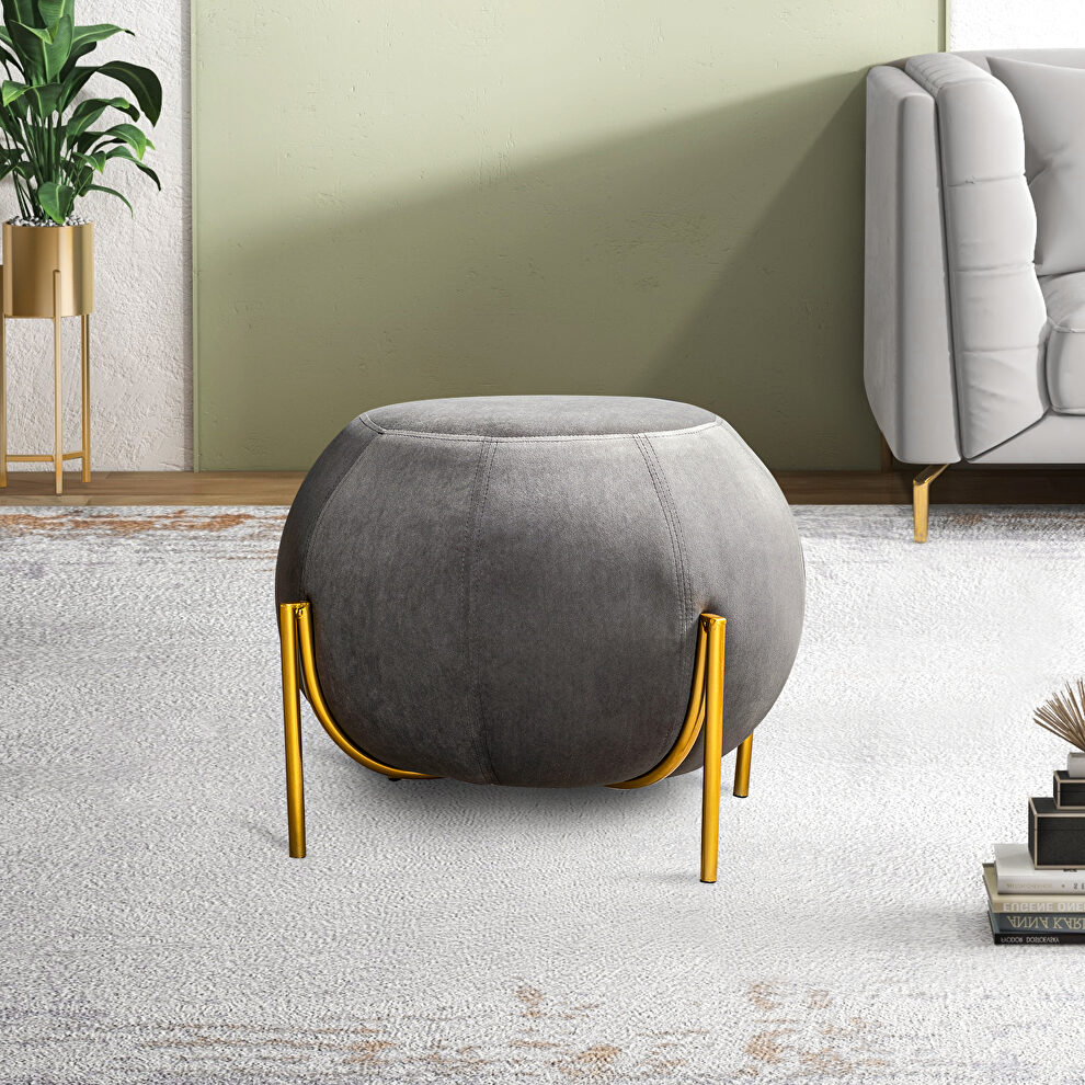 Gray velvet drum-shaped wide ottoman with gold metal legs by La Spezia
