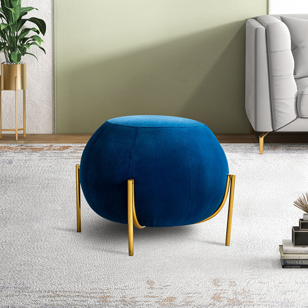 Navy velvet drum-shaped wide ottoman with gold metal legs by La Spezia