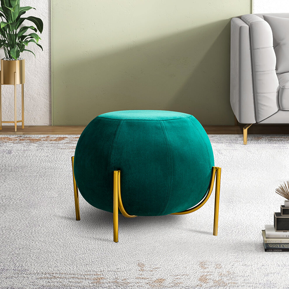Green velvet drum-shaped wide ottoman with gold metal legs by La Spezia