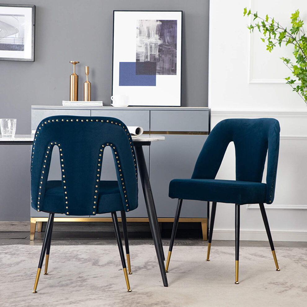 Modern blue velvet upholstered dining chair with nailheads and black metal legs, set of 2 by La Spezia