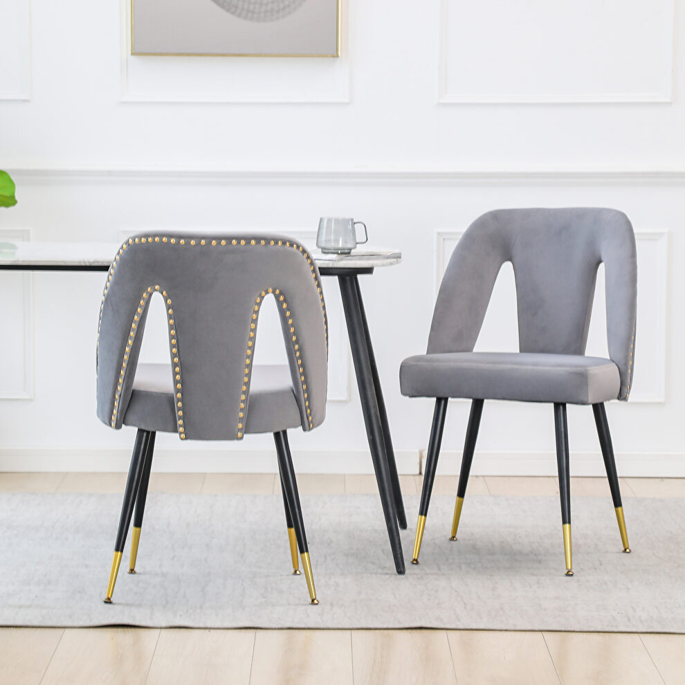 Modern gray velvet upholstered dining chair with nailheads and black metal legs, set of 2 by La Spezia