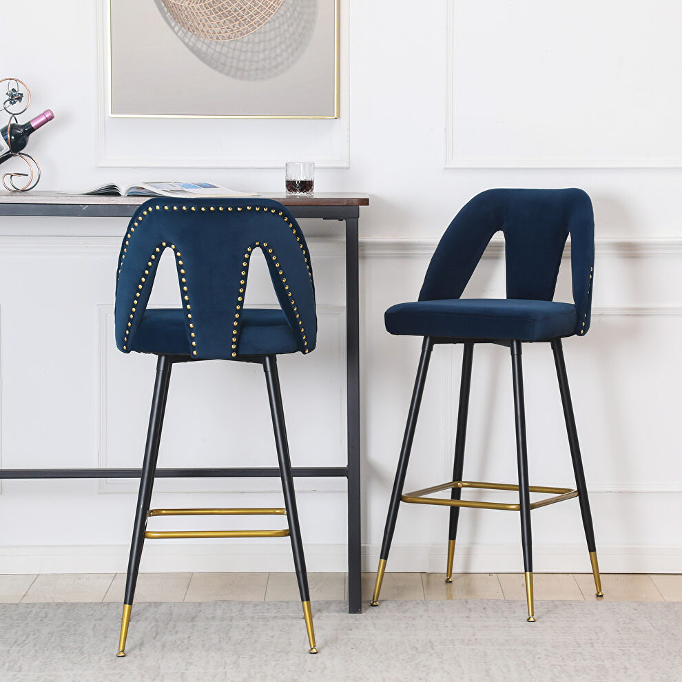 Blue velvet upholstered bar stool with nailheads and gold tipped black metal legs, set of 2 by La Spezia