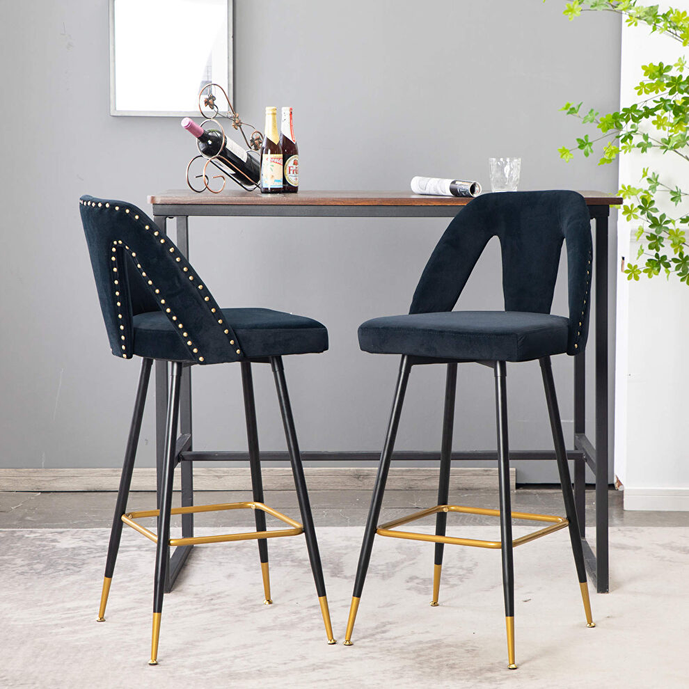 Black velvet upholstered bar stool with nailheads and gold tipped black metal legs, set of 2 by La Spezia