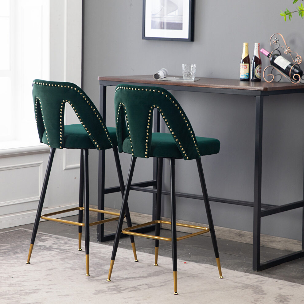 Green velvet upholstered bar stool with nailheads and gold tipped black metal legs, set of 2 by La Spezia