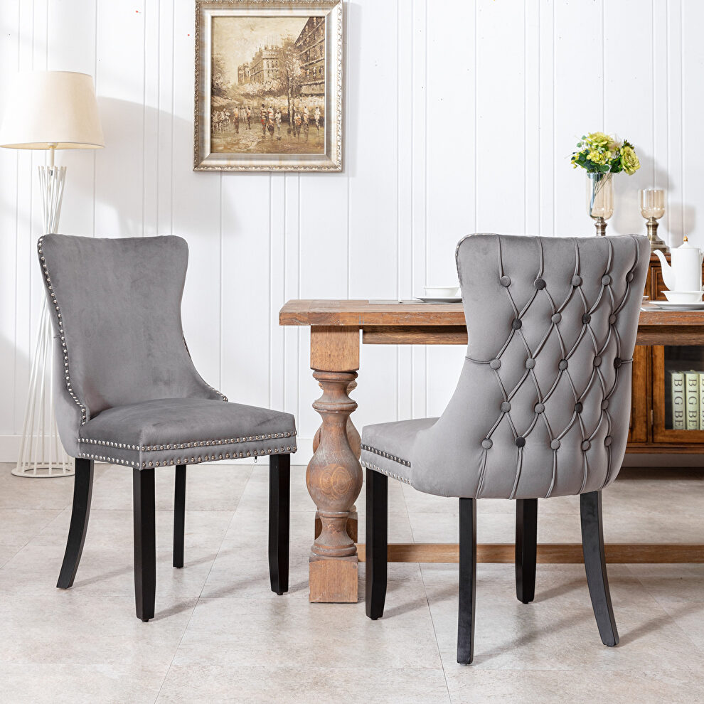 Gray velvet wingback dining chair with back stitching nailhead trim, set of 2 by La Spezia