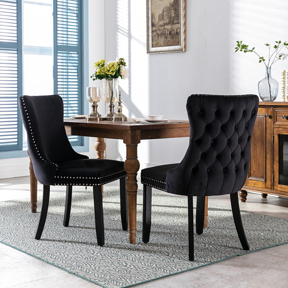 Black velvet wingback dining chair with back stitching nailhead trim, set of 2 by La Spezia