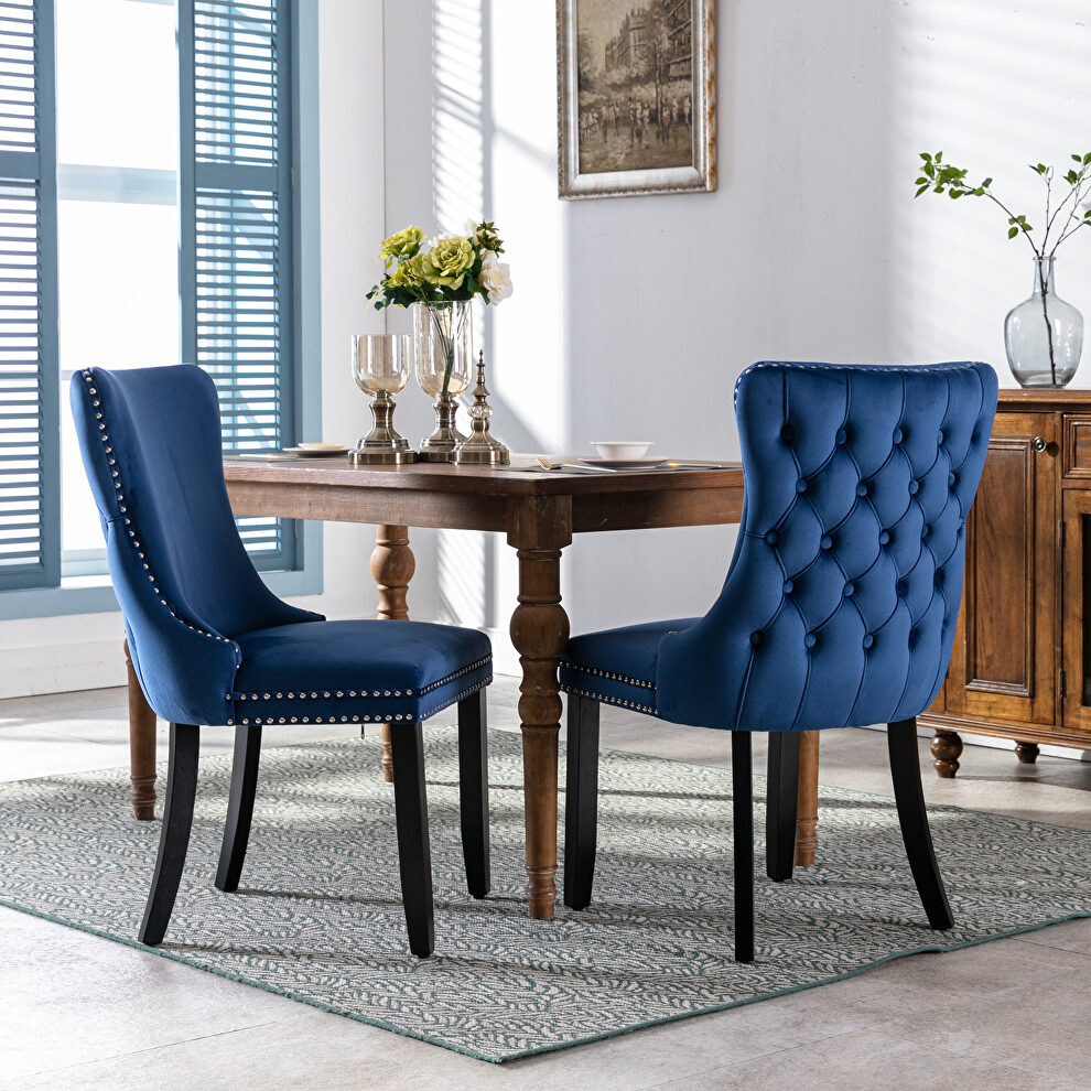 Blue velvet wingback dining chair with back stitching nailhead trim, set of 2 by La Spezia