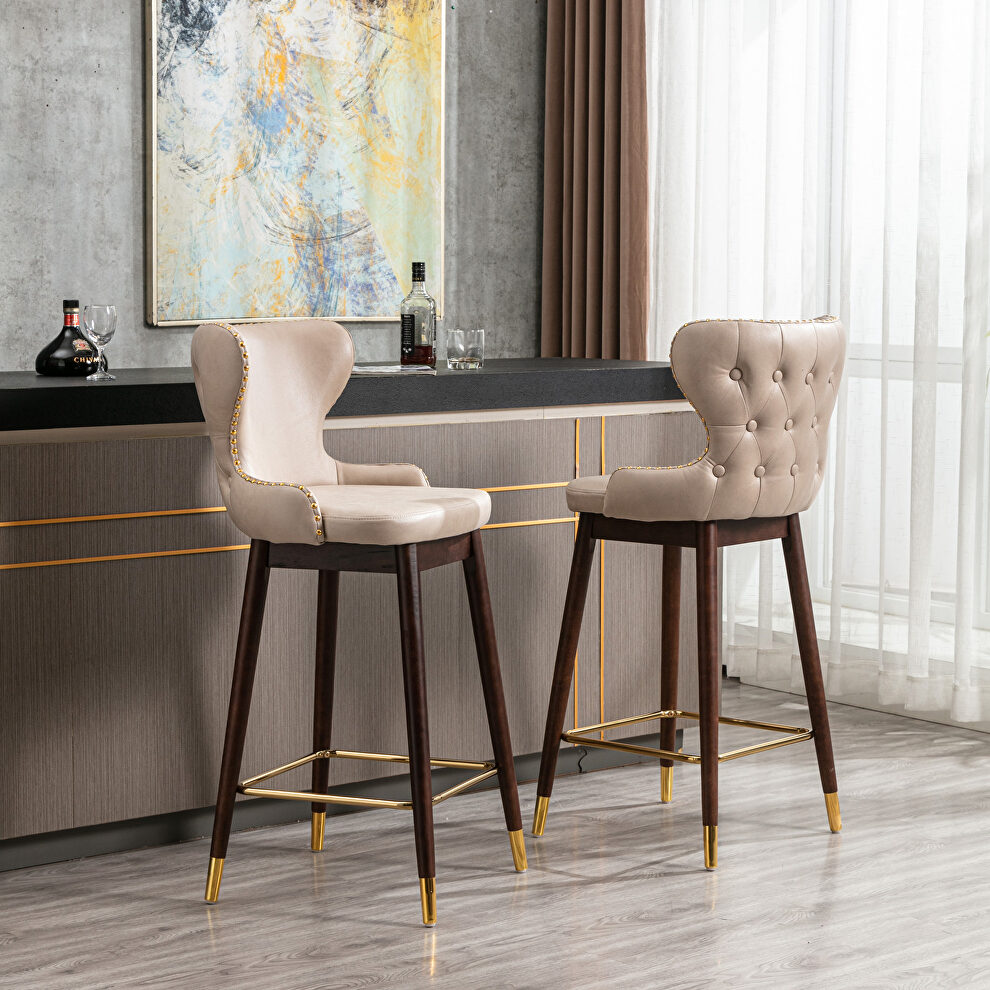 Beige fabric nailhead trim gold decoration bar stools, set of 2 by La Spezia