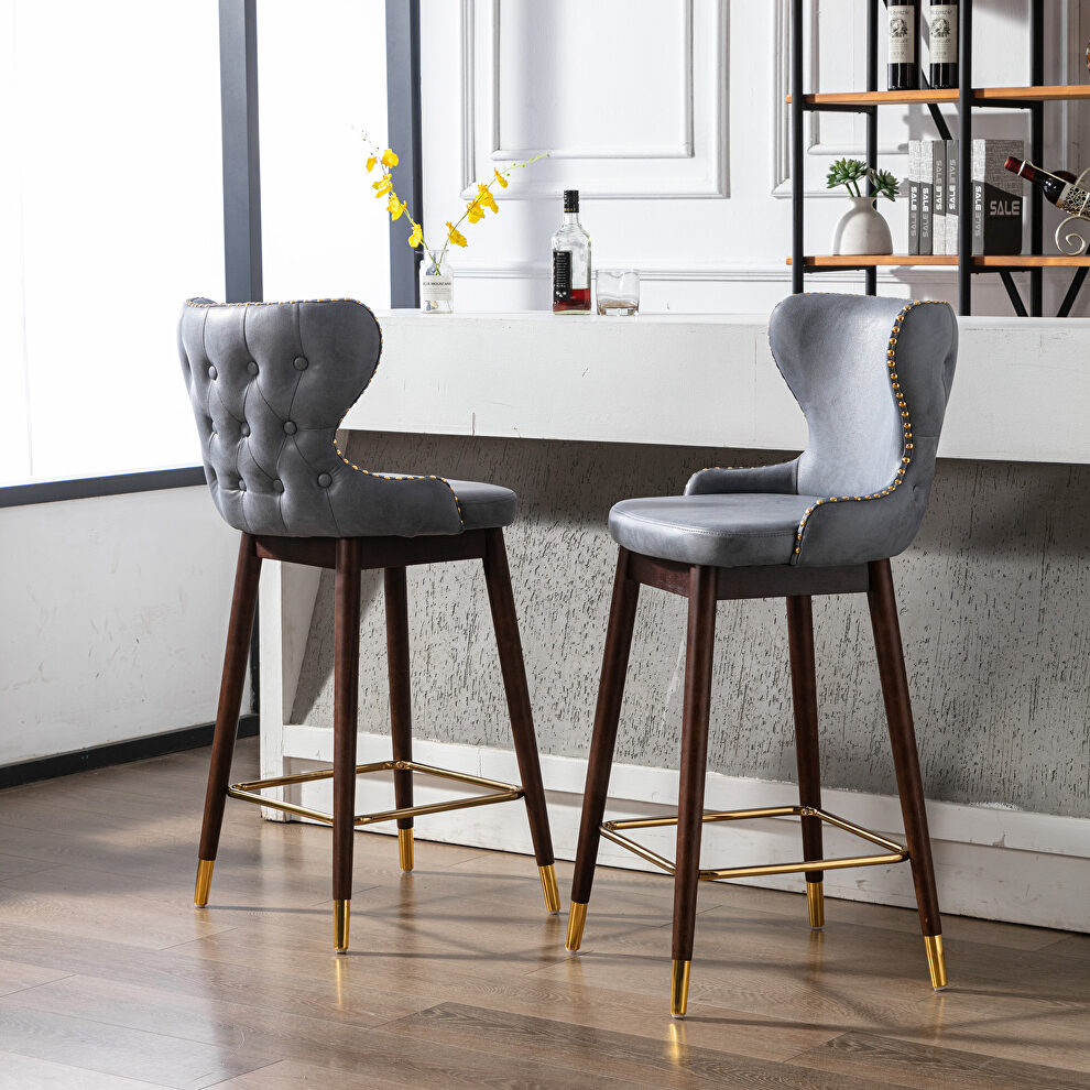 Stone blue fabric nailhead trim gold decoration bar stools, set of 2 by La Spezia