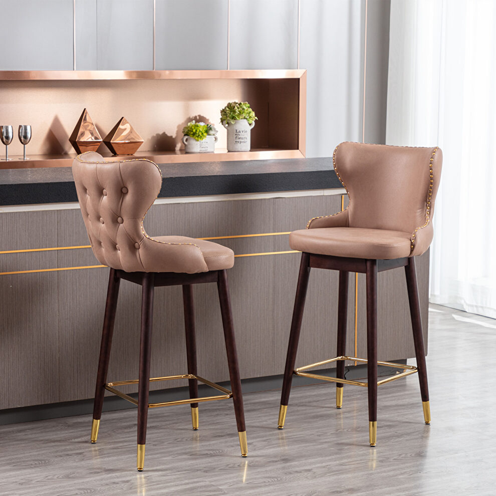 Khaki fabric nailhead trim gold decoration bar stools, set of 2 by La Spezia