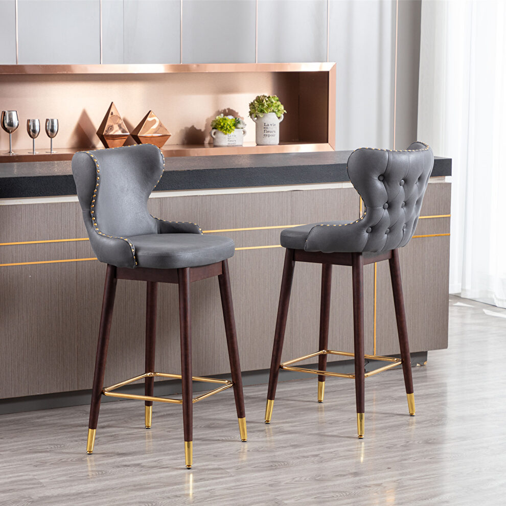 Dark gray fabric nailhead trim gold decoration bar stools, set of 2 by La Spezia
