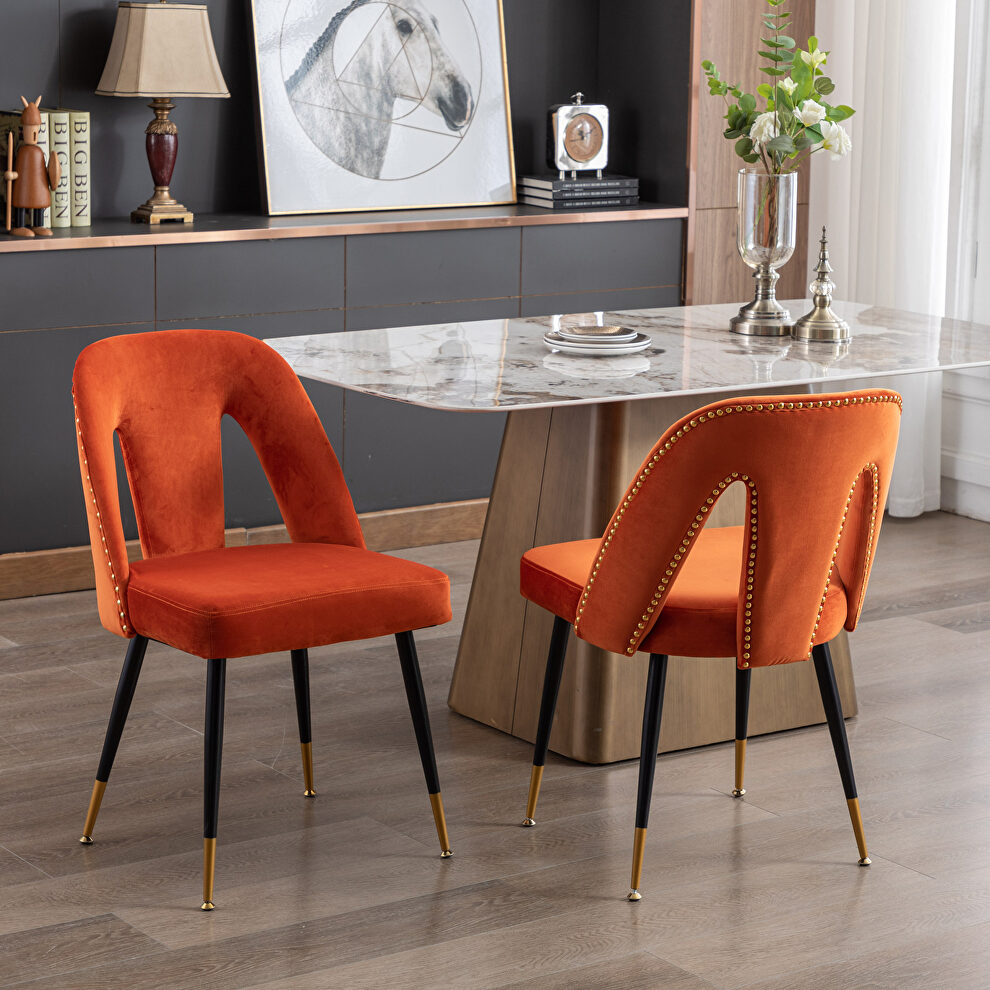 Modern orange velvet upholstered dining chair with nailheads and black metal legs, set of 2 by La Spezia