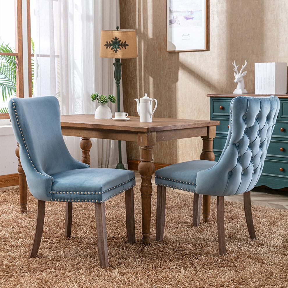 Light blue velvet wingback dining chair with back stitching nailhead trim, set of 2 by La Spezia
