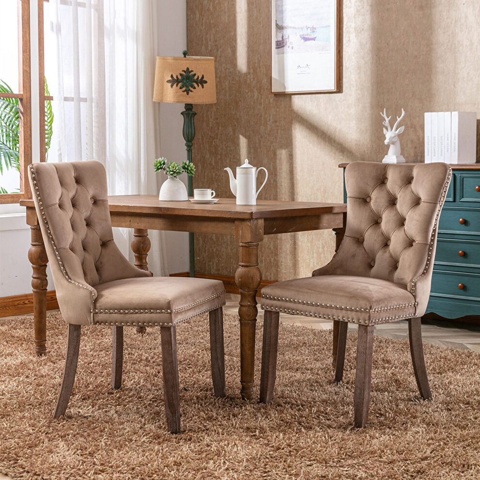 Khaki velvet upholstery dining chair with wood legs by La Spezia
