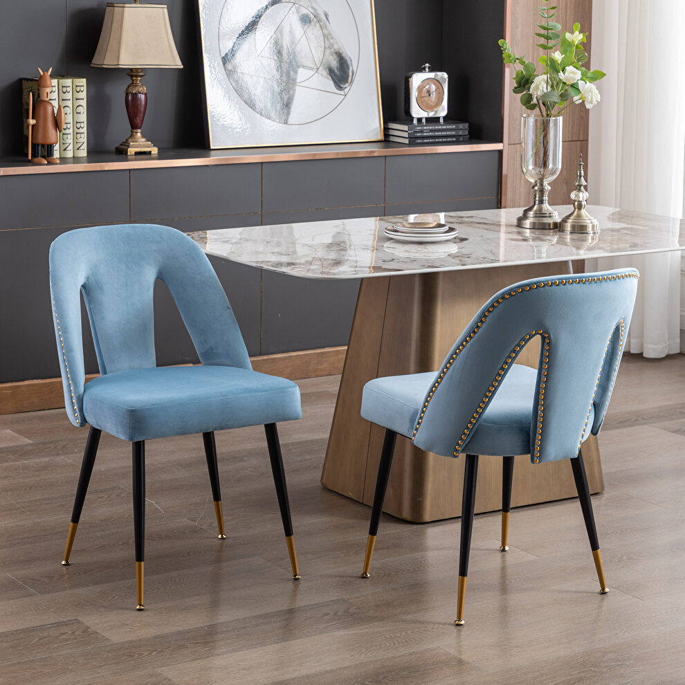 Modern light blue velvet upholstered dining chair with nailheads and black metal legs, set of 2 by La Spezia