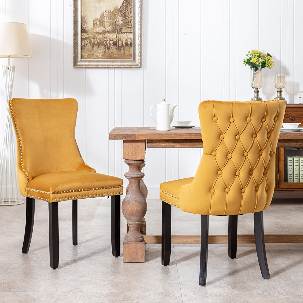Gold velvet upholstered wingback dining chair with nailhead trim and solid wood legs, set of 2 by La Spezia