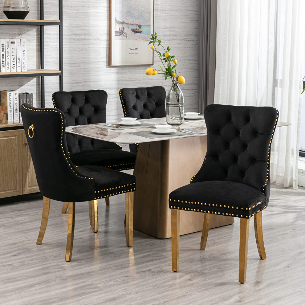 Black velvet upholstery dining chair with golden stainless steel plating legs by La Spezia