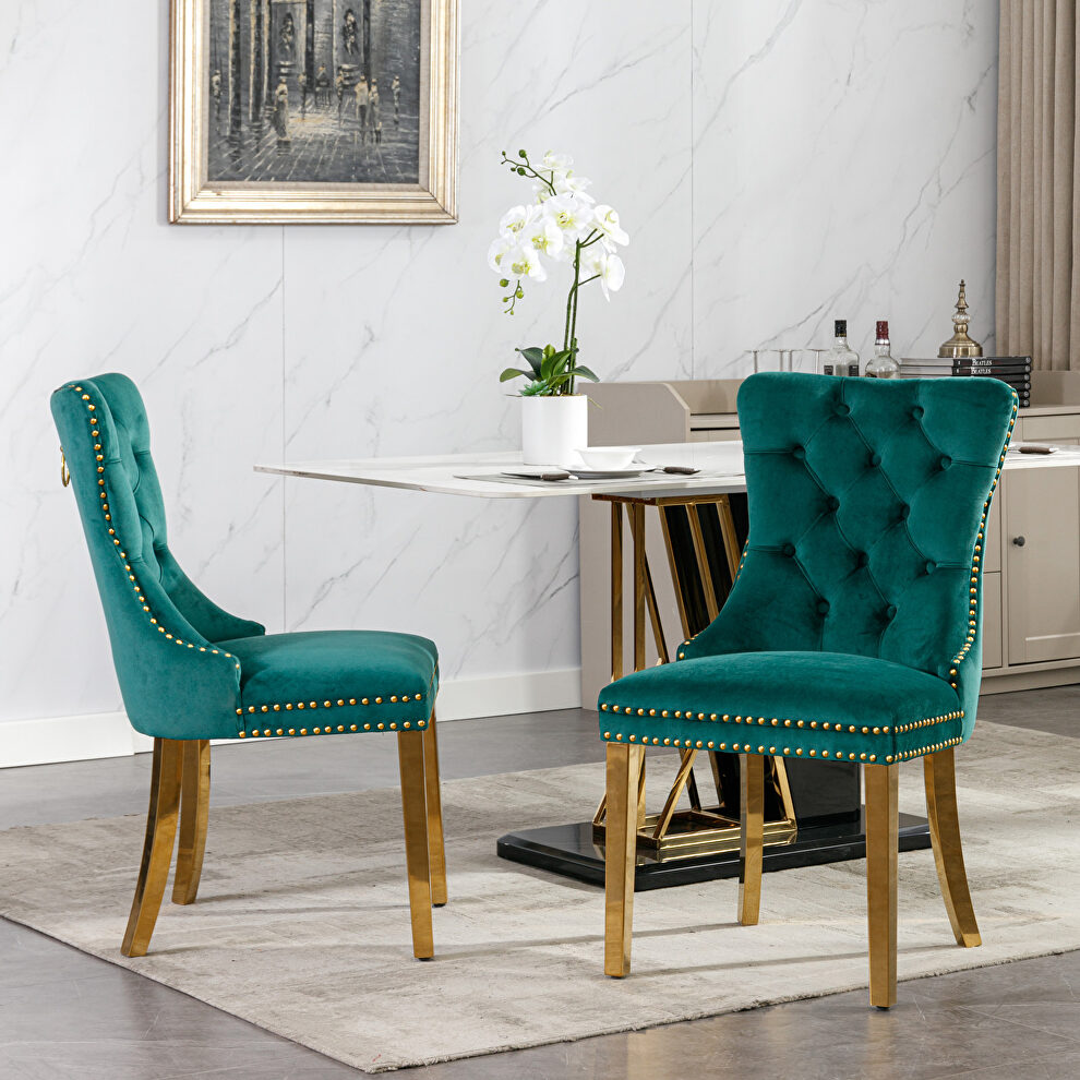 Green velvet upholstery dining chair with golden stainless steel plating legs by La Spezia