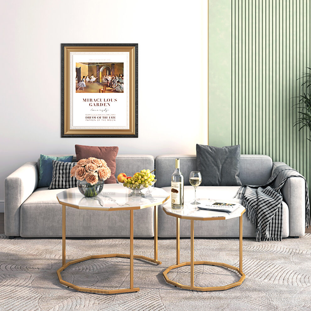 White artificial marble top and golden metal legs 2pc nesting coffee table set by La Spezia