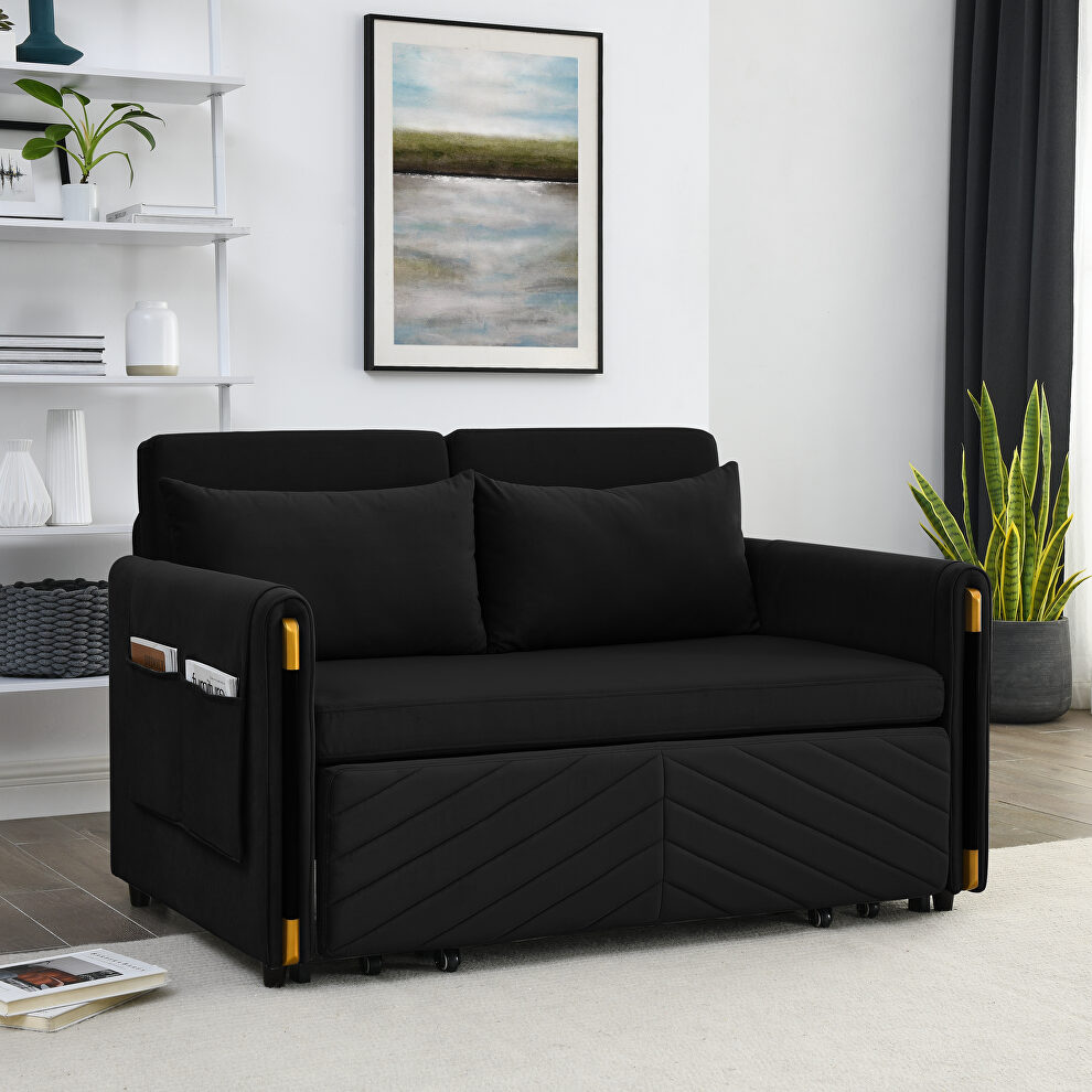 Black velvet modern convertible sofa bed with 2 detachable arm pockets by La Spezia