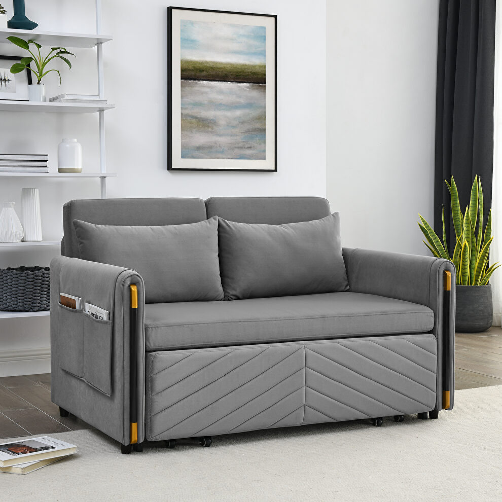 Gray velvet modern convertible sofa bed with 2 detachable arm pockets by La Spezia