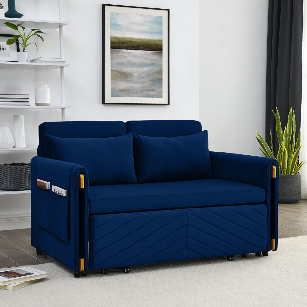Blue velvet modern convertible sofa bed with 2 detachable arm pockets by La Spezia