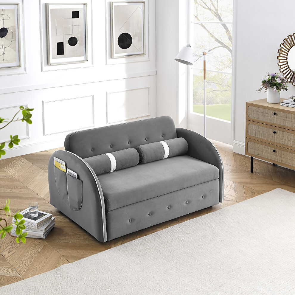 Gray velvet pull out sleep loveseats sofa with side pockets by La Spezia