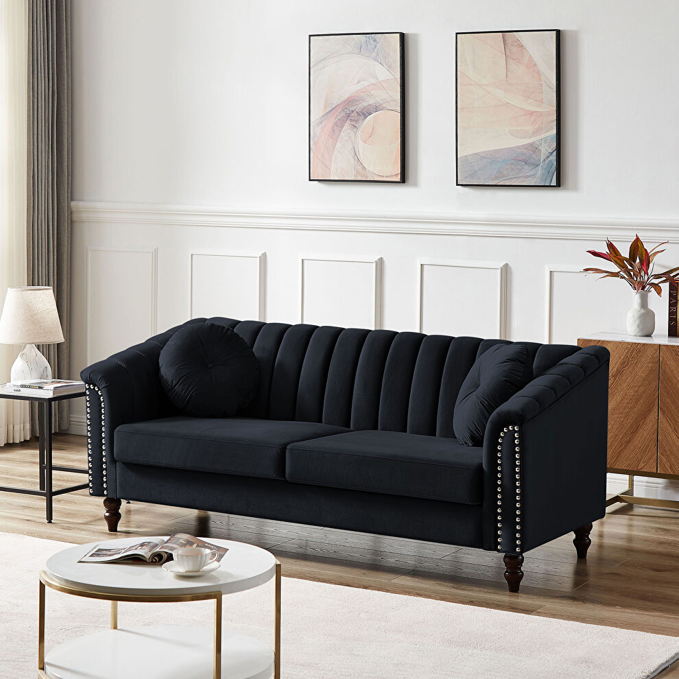 Modern black velvet upholstered tufted back sofa with solid wood legs by La Spezia