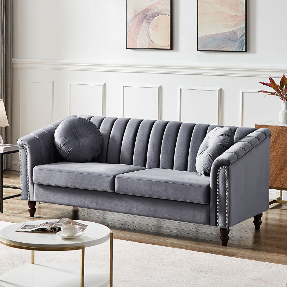 Modern gray velvet upholstered tufted back sofa with solid wood legs by La Spezia