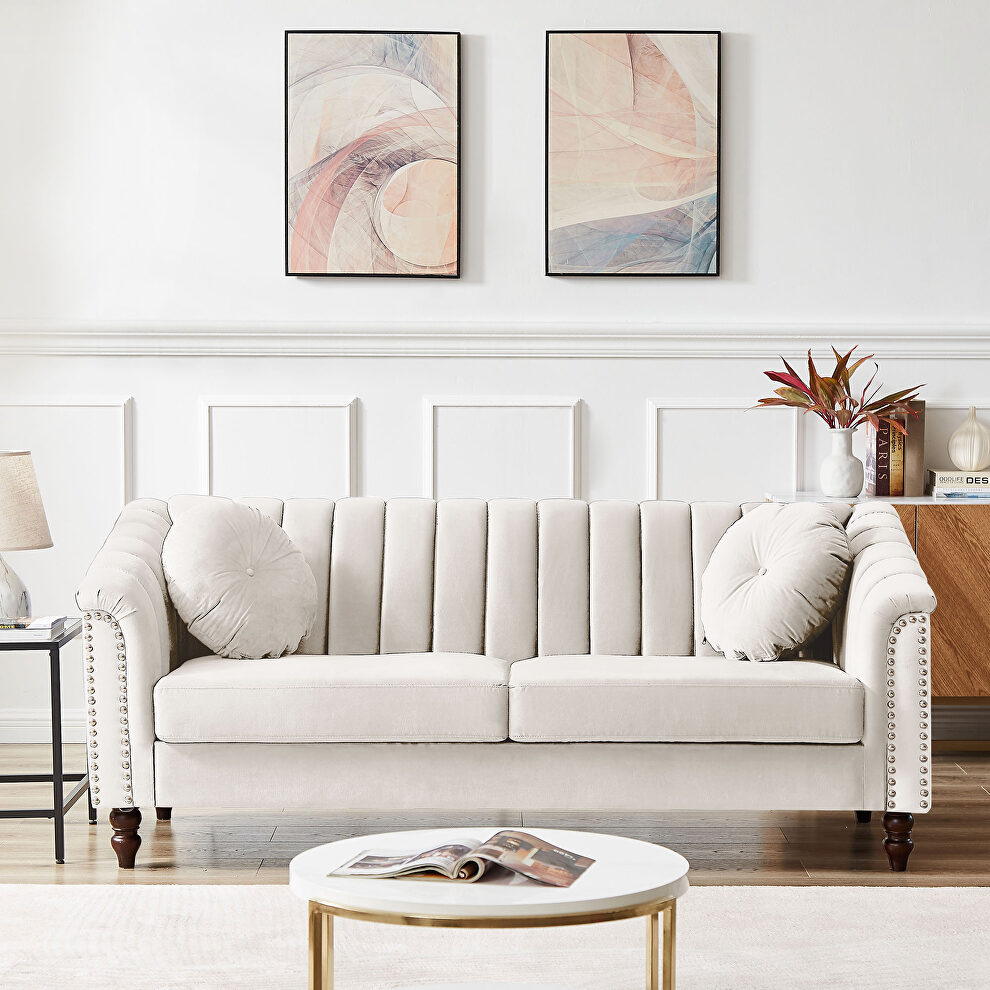 Modern beige velvet upholstered tufted back sofa with solid wood legs by La Spezia