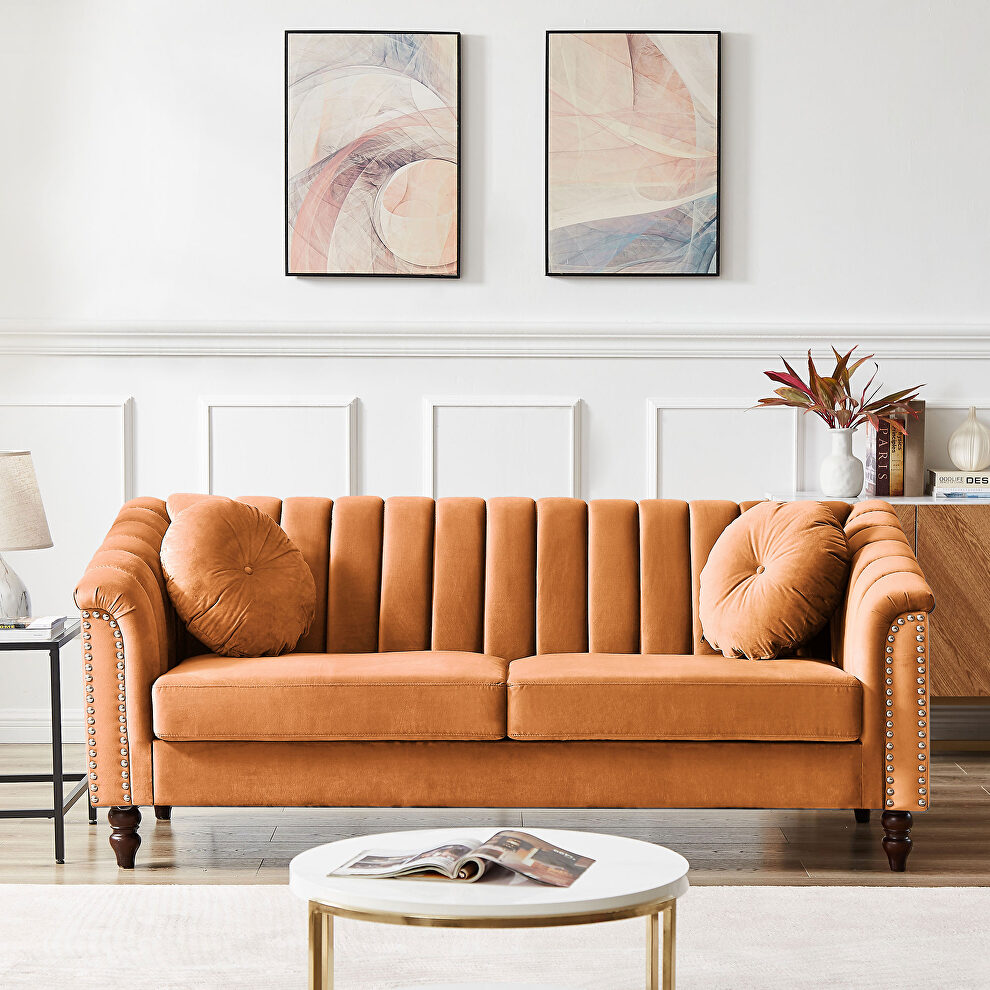 Modern orange velvet upholstered tufted back sofa with solid wood legs by La Spezia