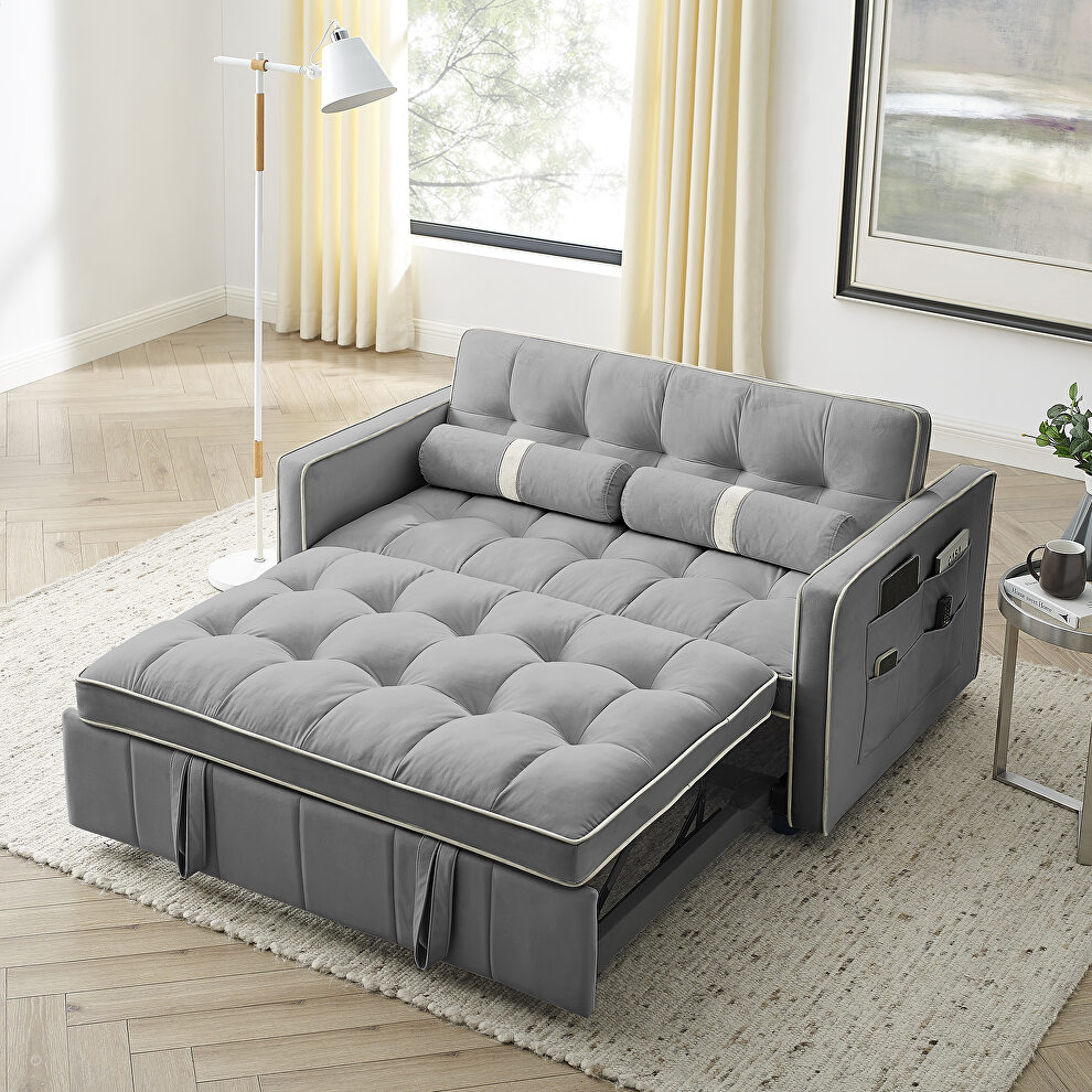 Gray high-grain velvet fabric modern pull out sleep sofa bed with side pockets by La Spezia