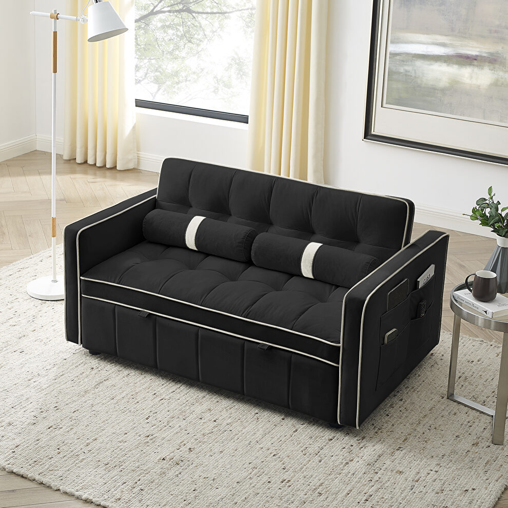 Black high-grain velvet fabric modern pull out sleep sofa bed with side pockets by La Spezia