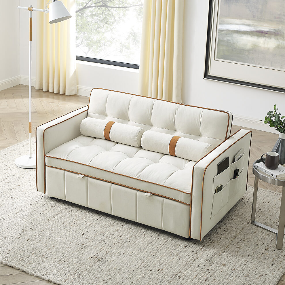 Beige high-grain velvet fabric modern pull out sleep sofa bed with side pockets by La Spezia