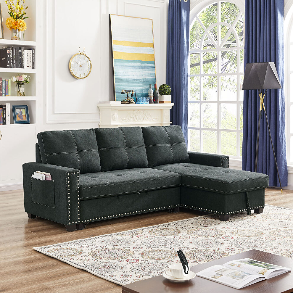 Black fabric sleeper reversible sectional sofa with storage chaise and side storage bag by La Spezia