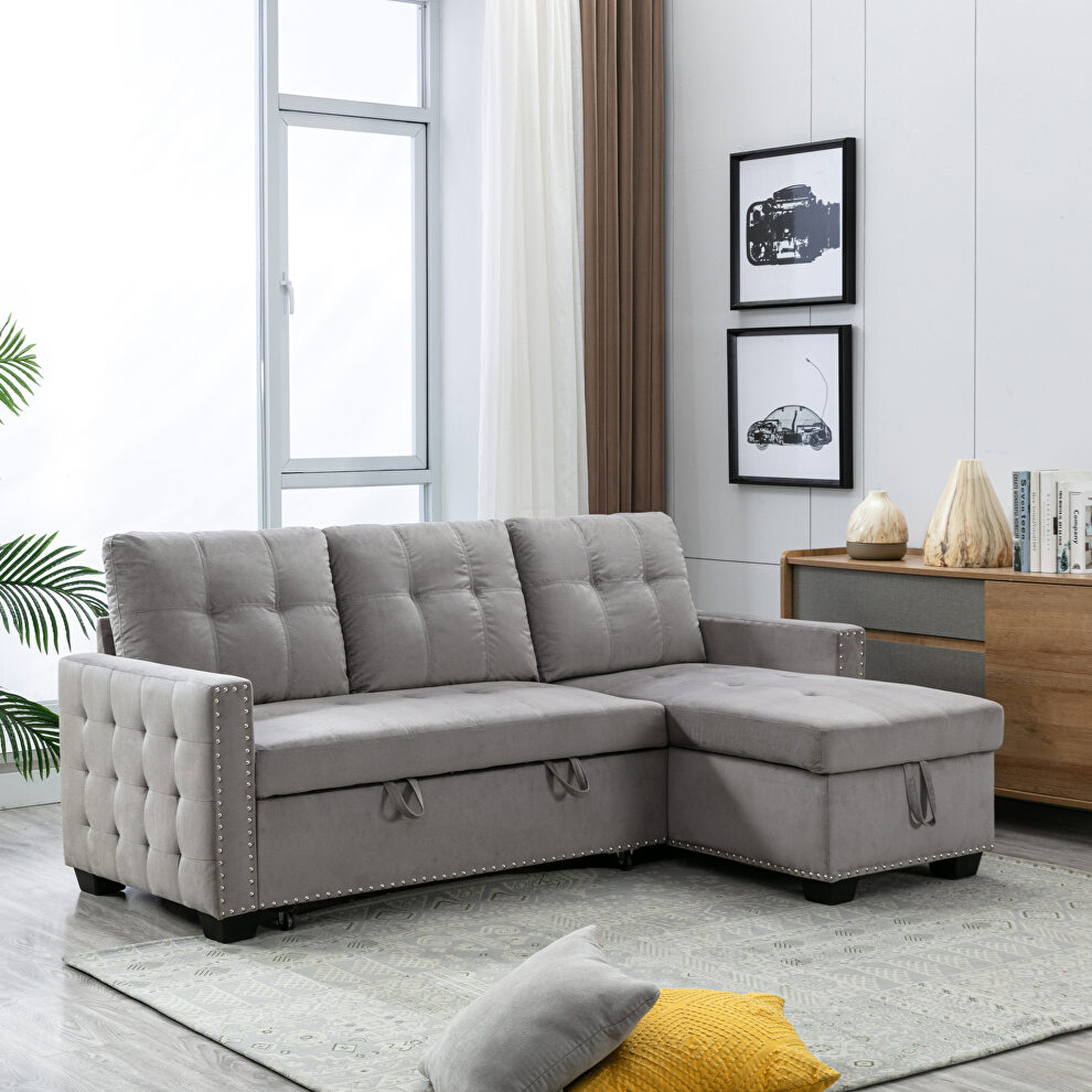 Light gray skinfeeling velvet reversible sectional sleeper sofa bed with storage by La Spezia