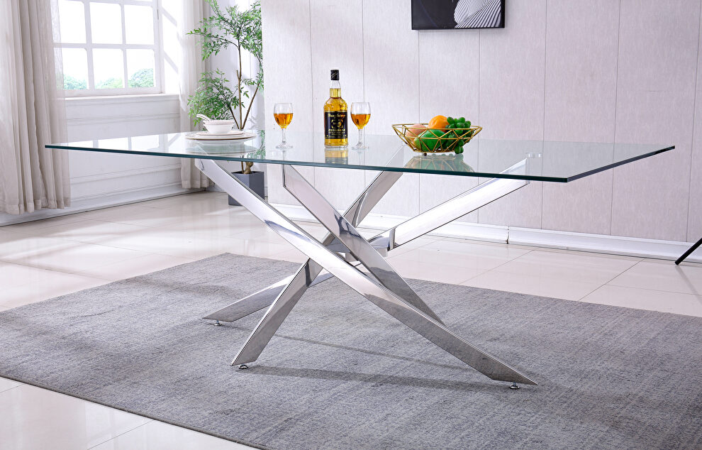 Modern tempered glass top dining table with silver mirrored finish base by La Spezia