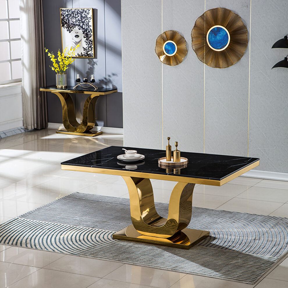 Thick marble top rectangular dining table with gold finish stainless steel base by La Spezia