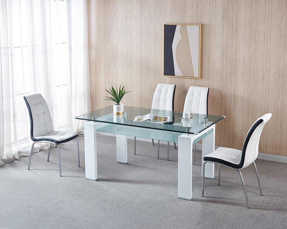 Tempered glass dining table with 4 lattice design leatherette dining chair in white\ black by La Spezia
