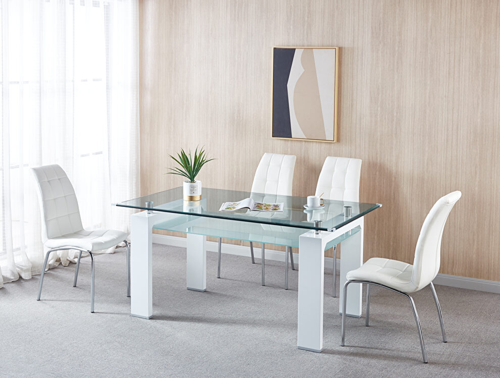Tempered glass dining table with 4 lattice design leatherette dining chair in white by La Spezia