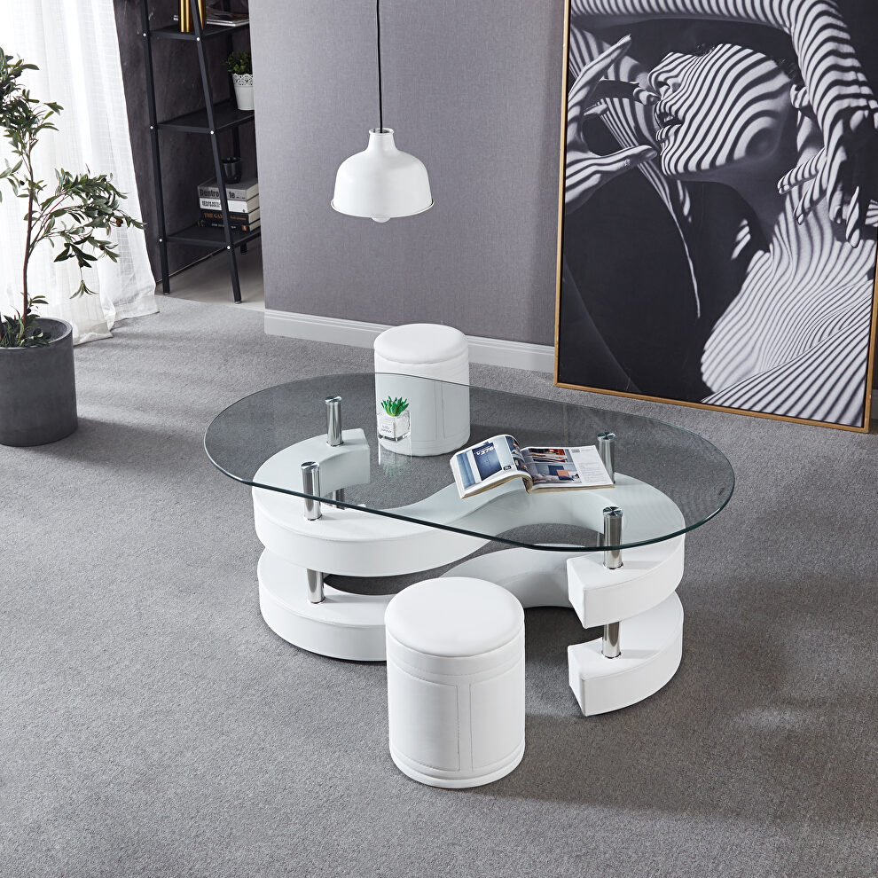 Thick tempered glass table and 2 leather stools in white by La Spezia