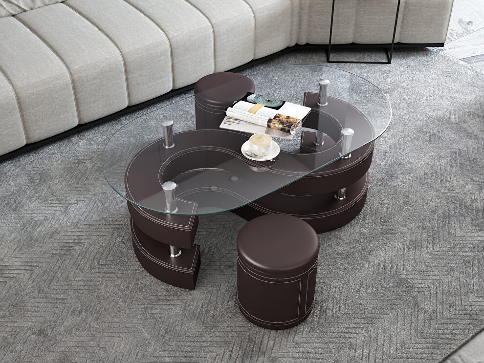 Thick tempered glass table and 2 leather stools in brown by La Spezia