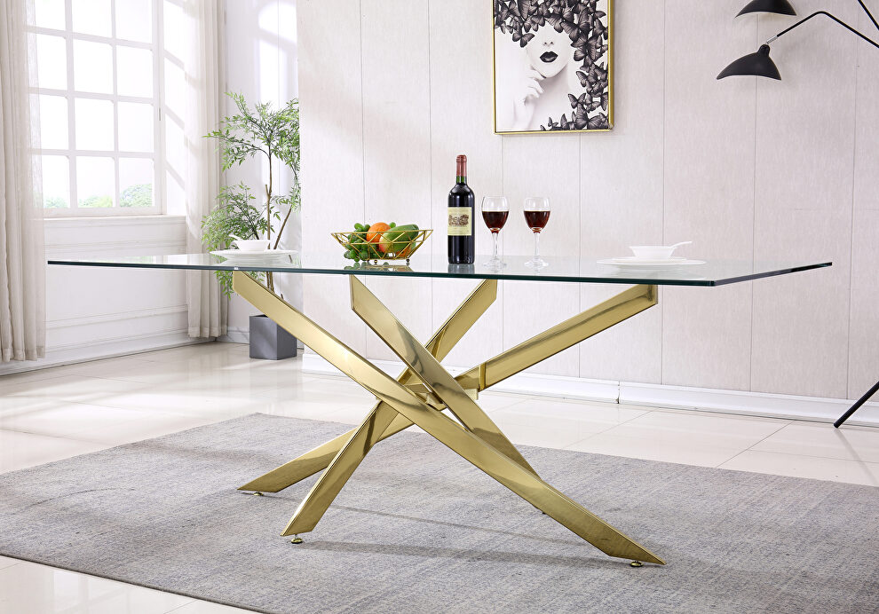 Modern tempered glass top dining table with gold mirrored finish base by La Spezia