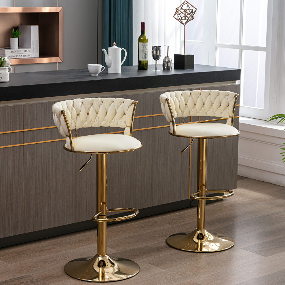 Cream velvet bar stools with golden chrome footrest and swivel lift base, set of 2 by La Spezia