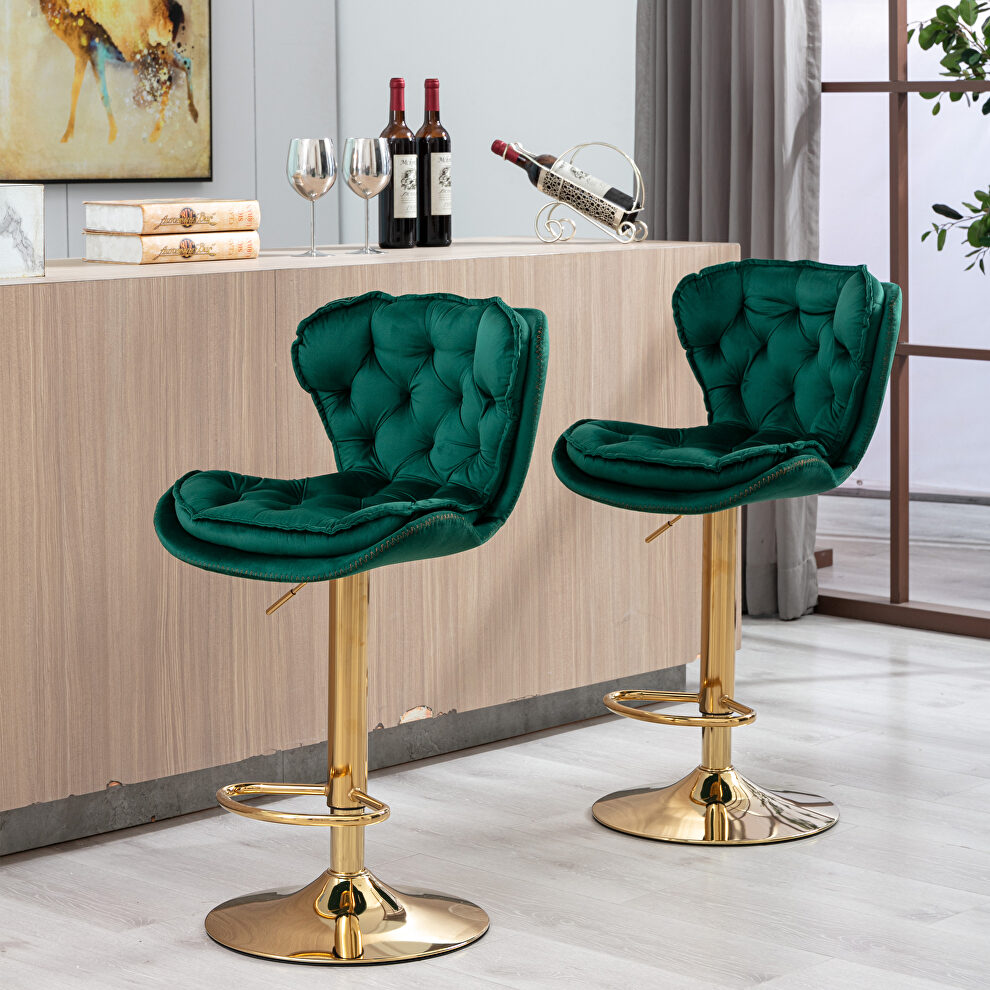Set of 2 green velvet swivel bar stools with golden chrome footrest and base leg by La Spezia