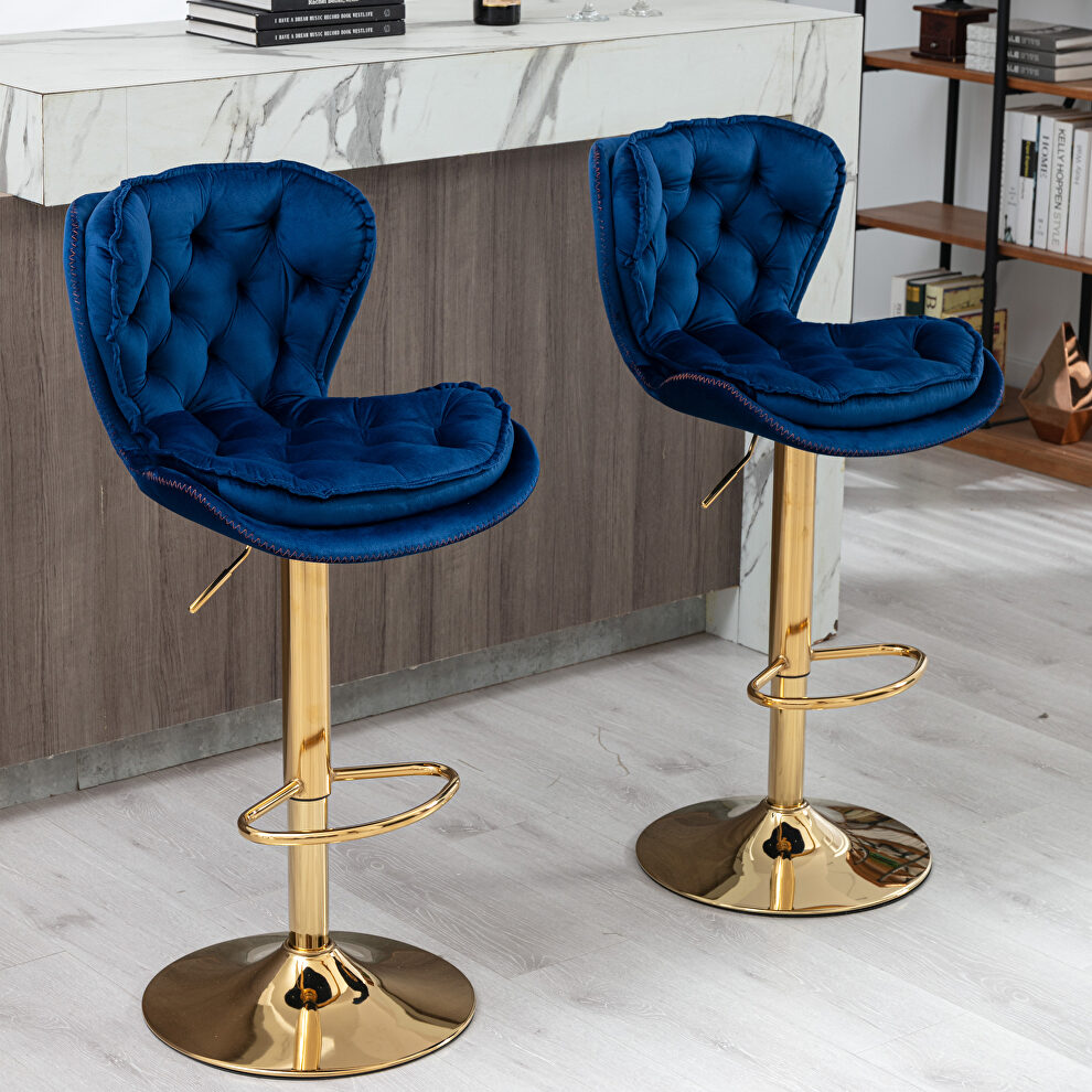 Set of 2 navy blue velvet swivel bar stools with golden chrome footrest and base leg by La Spezia
