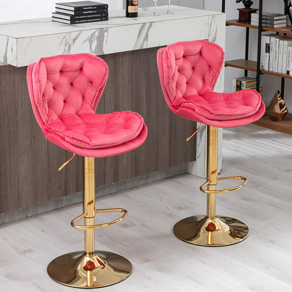 Set of 2 pink velvet swivel bar stools with golden chrome footrest and base leg by La Spezia