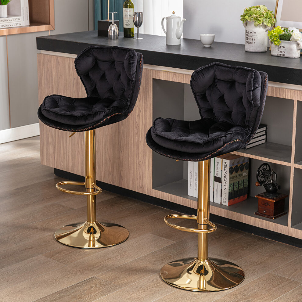Set of 2 black velvet swivel bar stools with golden chrome footrest and base leg by La Spezia