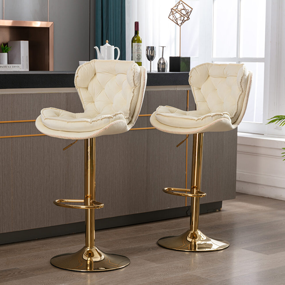 Set of 2 cream velvet swivel bar stools with golden chrome footrest and base leg by La Spezia